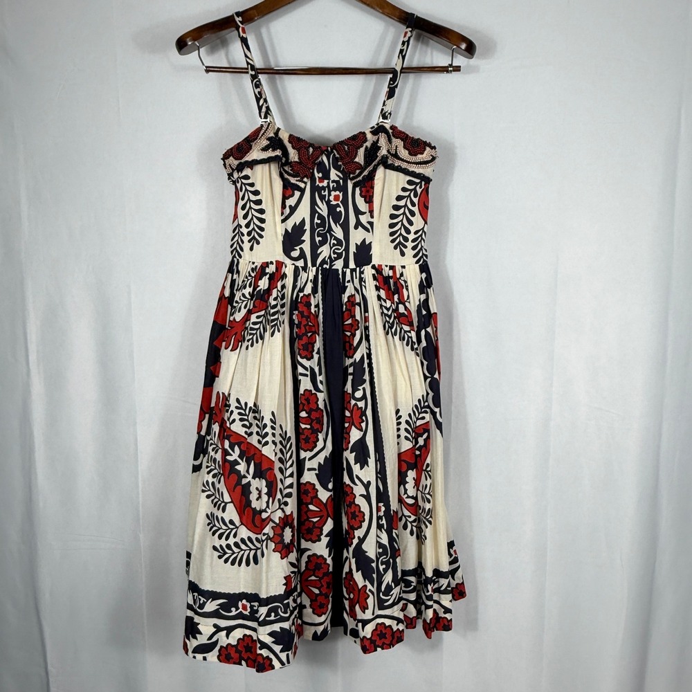 Yoana Baraschi Cotton Beaded Floral Block Print Boho Sundress Womens Size 0